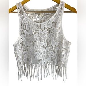 H&M Coachella White Crochet Lace Fringe Tank Top Size 10 Boho Festival